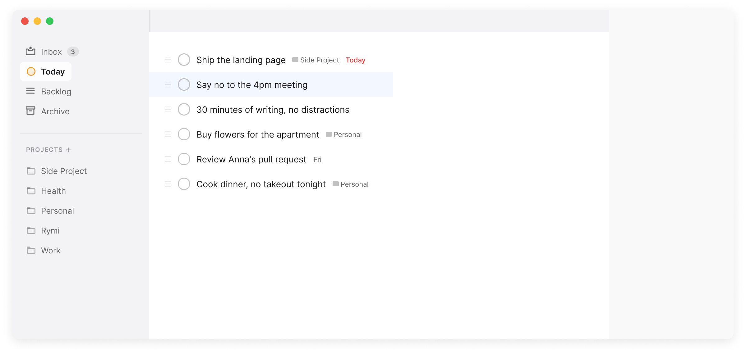 Rymi app showing the Today view with tasks