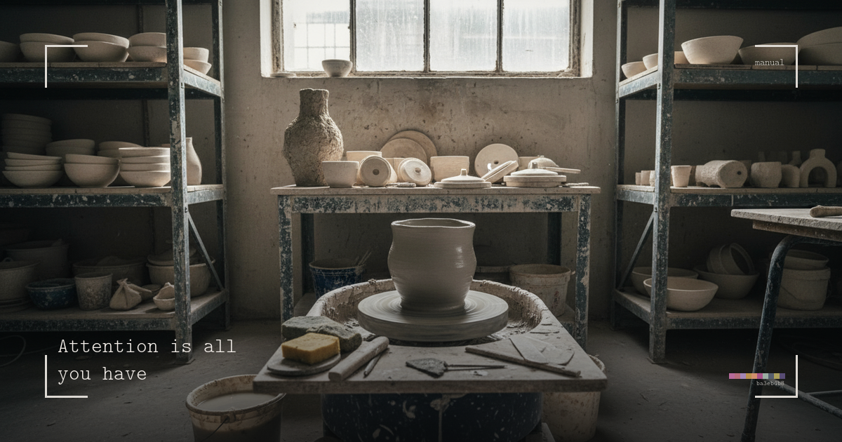 A pottery workshop with industrial shelves holding half-finished ceramic pieces, bowls and vases in various states of incompletion, a potter's wheel with a half-formed vessel in the centre